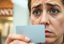 Concerned person holding a credit card indoors.