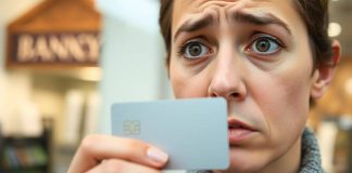 Concerned person holding a credit card indoors.