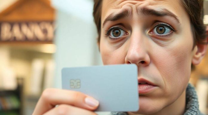 Concerned person holding a credit card indoors.