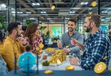 Diverse individuals discussing investment strategies in a modern office.