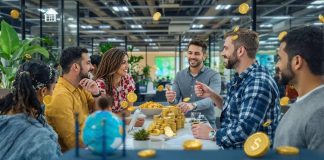 Diverse individuals discussing investment strategies in a modern office.