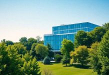 Modern office building in a green landscape with blue sky.