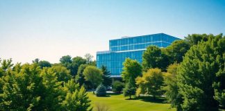 Modern office building in a green landscape with blue sky.