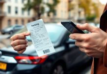 Person with parking ticket and smartphone on city street.