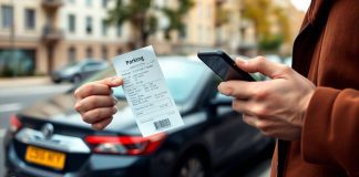 Person with parking ticket and smartphone on city street.