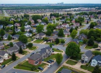 Suburban neighborhood with single-family homes and greenery.