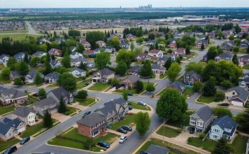 Suburban neighborhood with single-family homes and greenery.