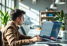 Modern office with laptop displaying financial data.