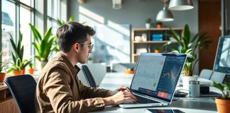 Modern office with laptop displaying financial data.