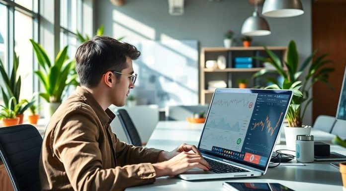 Modern office with laptop displaying financial data.