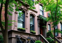 Photograph of a New York City brownstone home.