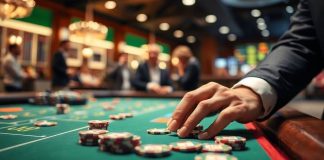 Person placing bets at a betting table.