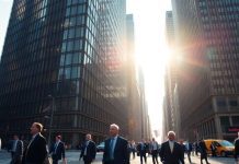 Busy financial district with professionals and skyscrapers.