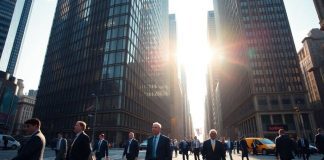 Busy financial district with professionals and skyscrapers.