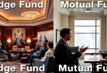 Contrasting images of hedge fund and mutual fund offices.