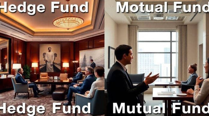 Contrasting images of hedge fund and mutual fund offices.