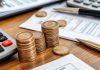 Close-up of financial documents and coins on a desk.