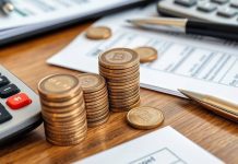 Close-up of financial documents and coins on a desk.