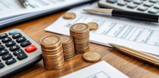 Close-up of financial documents and coins on a desk.