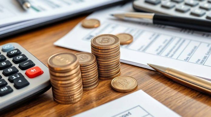 Close-up of financial documents and coins on a desk.