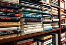 Books on hedge funds and investing on a bookshelf.