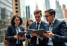 Young professionals discussing finance in a modern office setting.