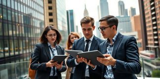 Young professionals discussing finance in a modern office setting.