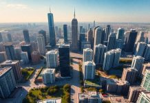 Aerial view of modern cityscape with real estate developments.