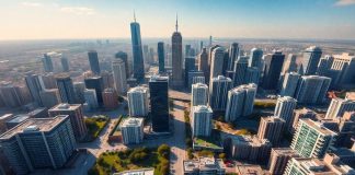 Aerial view of modern cityscape with real estate developments.