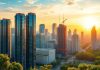 City skyline at sunset with modern buildings and greenery.