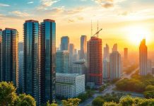 City skyline at sunset with modern buildings and greenery.