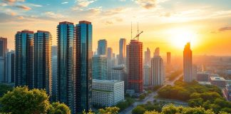 City skyline at sunset with modern buildings and greenery.