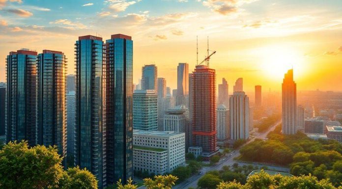 City skyline at sunset with modern buildings and greenery.