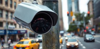 Traffic camera overlooking a busy New York City street.