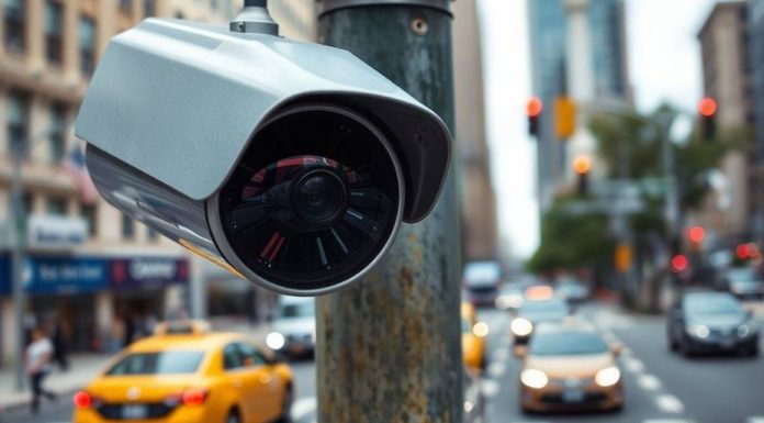 Traffic camera overlooking a busy New York City street.