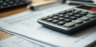 Calculator and financial documents on a desk.