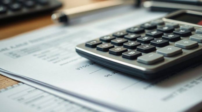 Calculator and financial documents on a desk.