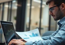 Hedge fund analyst reviewing financial data in an office.