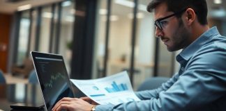 Hedge fund analyst reviewing financial data in an office.