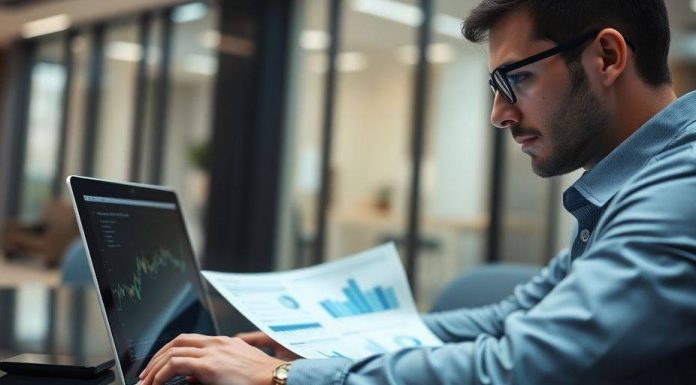 Hedge fund analyst reviewing financial data in an office.