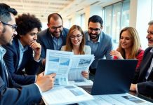 Group of investors discussing financial insights in a modern office.