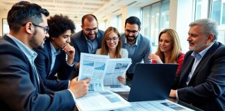 Group of investors discussing financial insights in a modern office.