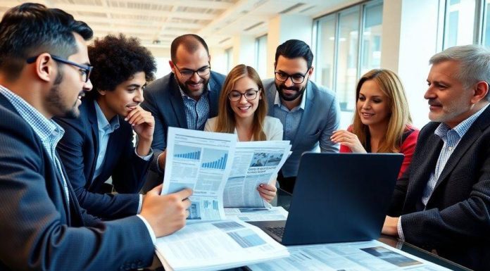 Group of investors discussing financial insights in a modern office.