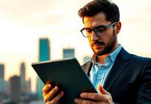 Investor reviewing financial news on a tablet outdoors.