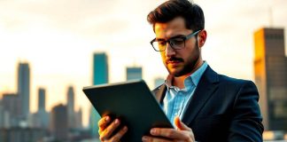 Investor reviewing financial news on a tablet outdoors.