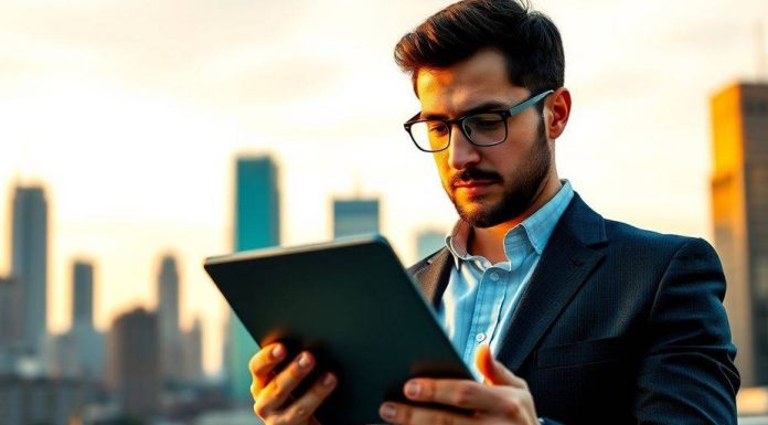 Investor reviewing financial news on a tablet outdoors.