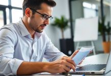 Investor analyzing financial data in a modern workspace.