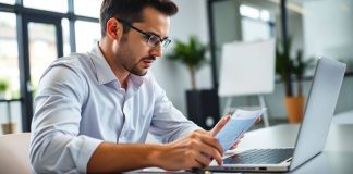 Investor analyzing financial data in a modern workspace.