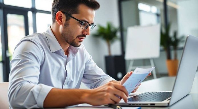 Investor analyzing financial data in a modern workspace.