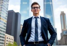 Professional in business attire against an urban skyline.